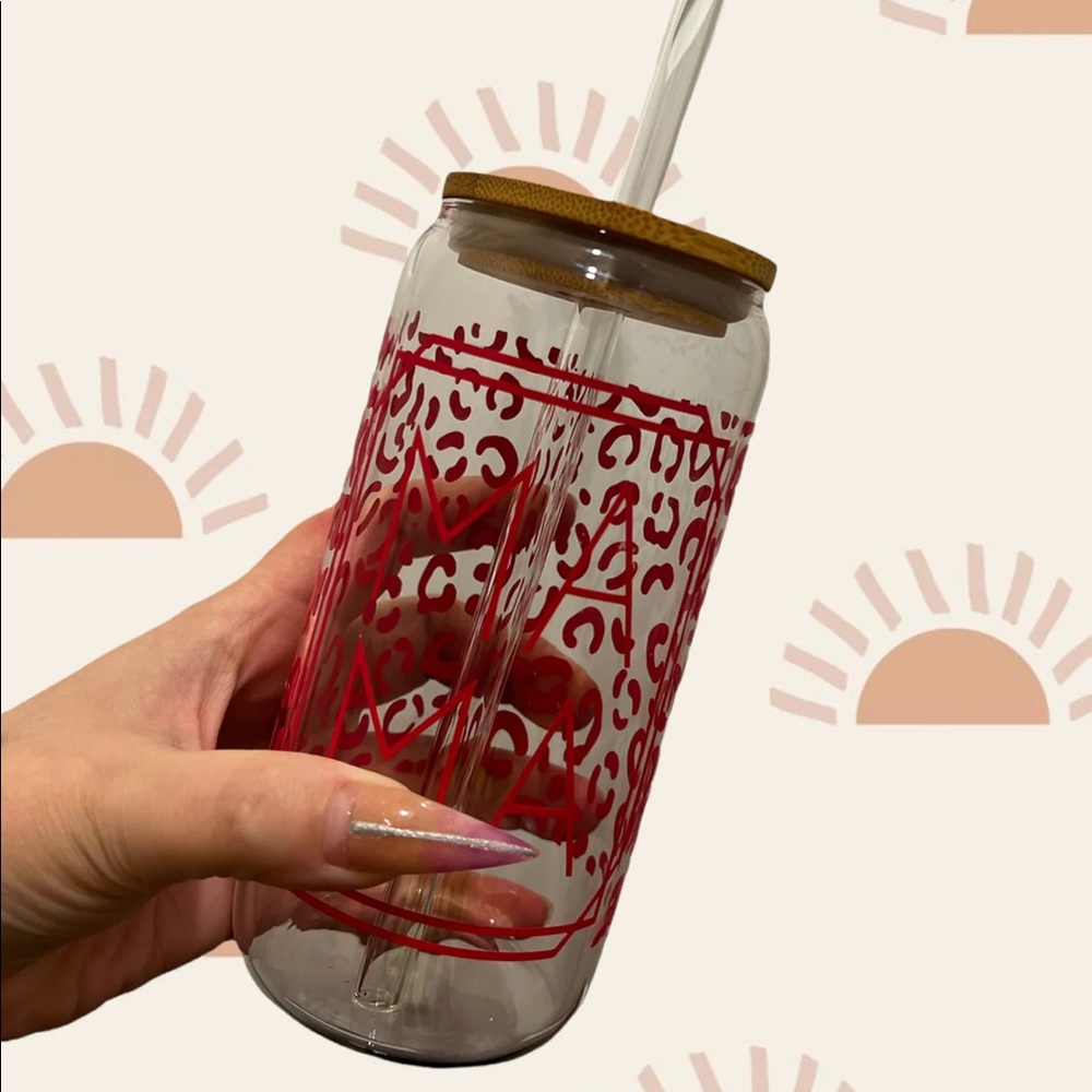 Leopard print “mama” can shaped glass with bamboo lid and reusable straw